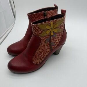 Spring Step L'Artiste Dramatic Leather Heel Ankle Boots Dark Red Multi Womens 38